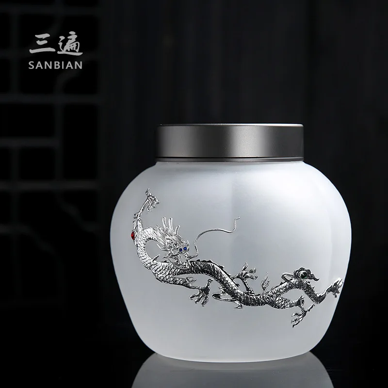 

★★Three Times Silver Plated Glass Tea Pot Small Japanese Household Tea Caddy Sealed Storage Jar Portable Glass Tea Warehouse