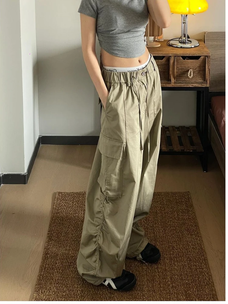 Deeptown Khaki Vintage Women's  Cargo Pants Pockets Wide Leg Korean Fashion Straight Trousers Baggy Casual Hip Hop Streetwear