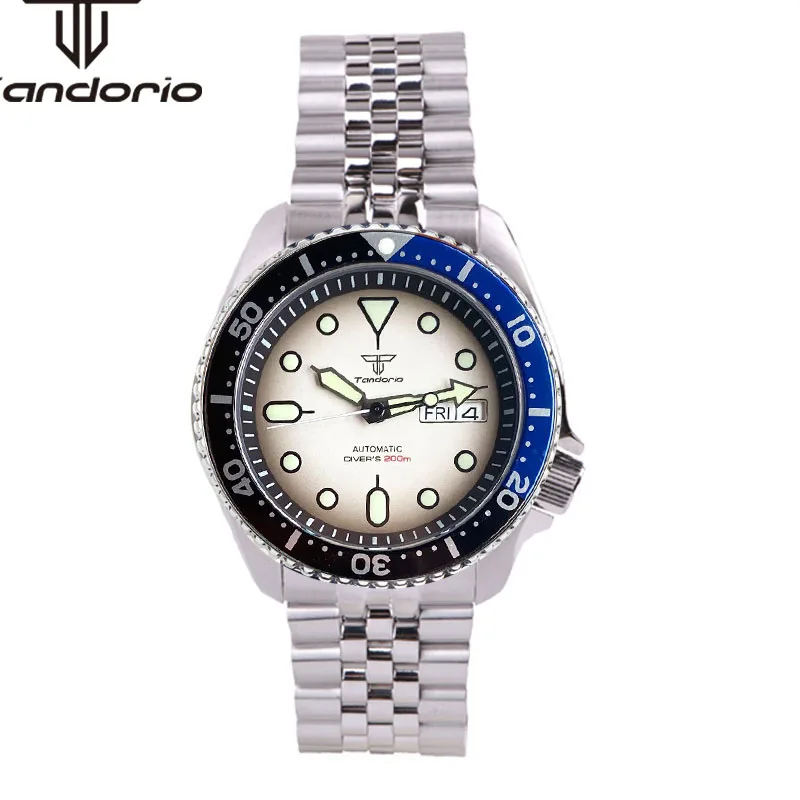 Tandorio NH36 Double Date 41mm skx007 Style Automatic Men Dive Watch 20BAR White Gradient Sapphire Mechanical Watches Green Lume