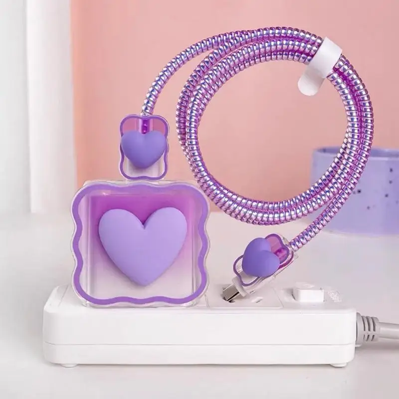 Cute 3D Heart Charger Protector Set Wavy Edge Cable Protector For Charger Cords Anti Break Long Lasting For Daily Use