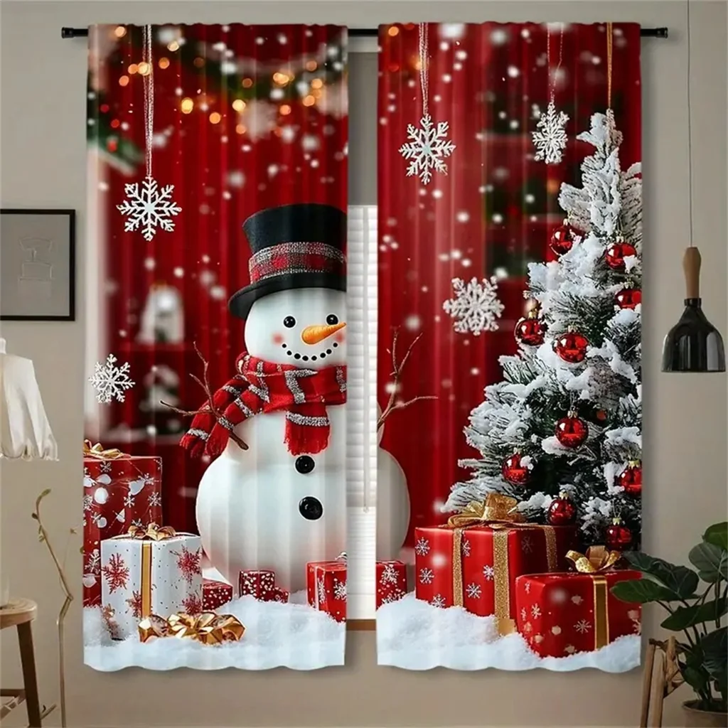 Christmas Curtains 3D Snowman Snow Scene Print Red Bedroom Panels Holiday Decor 2 Panels Xmas Window Drapes