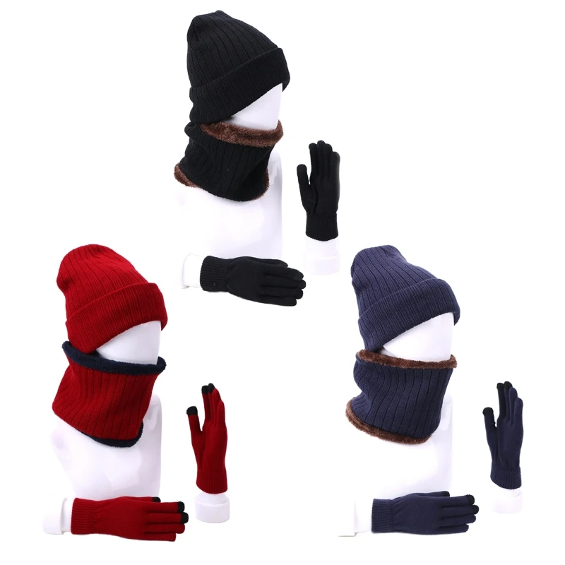 

New Unisex 3Pcs Beanie Hat for Infinity Circle Scarf Touchscreen Gloves Set Winter Knit Plush Lined Skull Neck Warmer