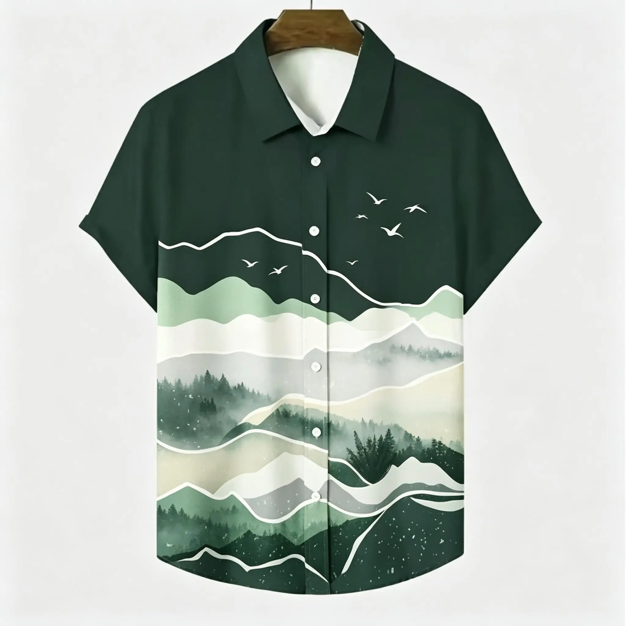 Gradient Layered Mountain Pine Forest Seagull Pattern Unisex Short Sleeve Blouse Camp Collar Loose Vacation Shirt