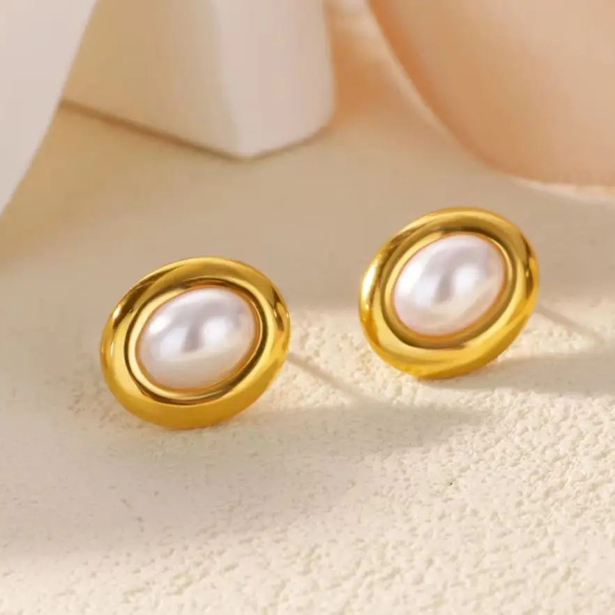 Vintage Oval Imitation Pearl Stud Earrings for Women Gold Color Stainless Steel Pearl Earring Daily Office Party Wear Jewelry