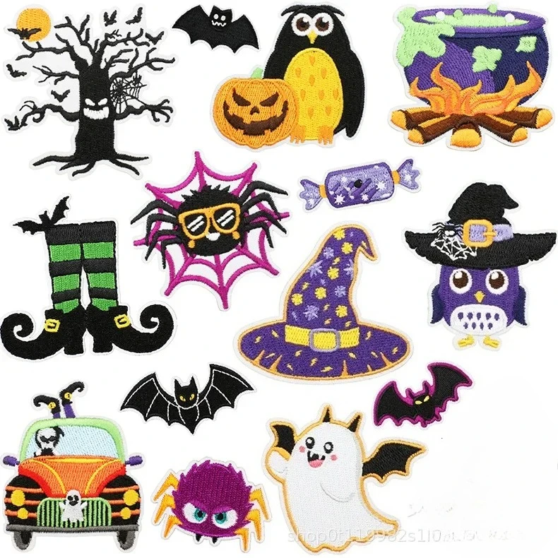 Ghost Car Embroidery Cloth Sticker Halloween Theme Computer Embroidery Label Owl Witch Hat Bag Decoration Patch Sticker