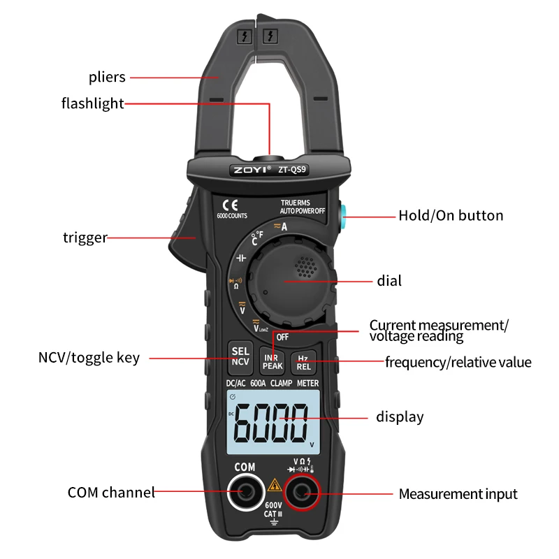 ZT-QS9 Digital Clamp Meter 600A Current True RMS Smart Plier ammeter Auto Rang 6000 Multimeter DC AC Voltage Hz Ohm NCV Tester