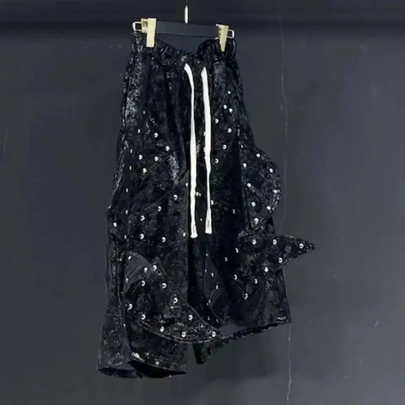 Men's Leather PU Shorts Summer High Waist Loose Streetwear Drawstring Outdoor Male Straight Leg Six Split Pants New XSD4