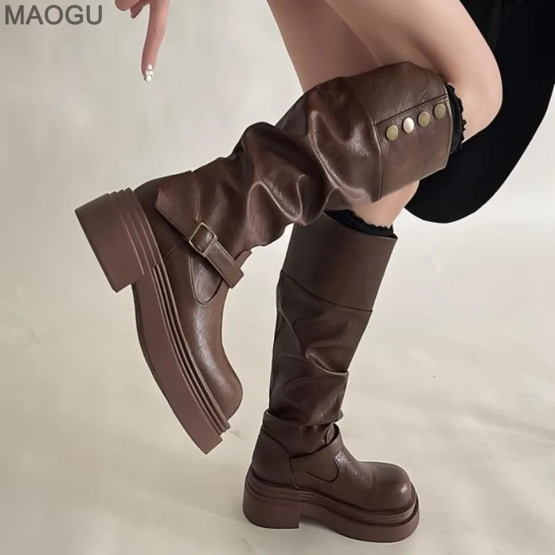

2025 Women's Western Cowgirls Brown Long Boots Pleated Two Way Wear Knee High Leather Shoes Platform Riding Boots for Women