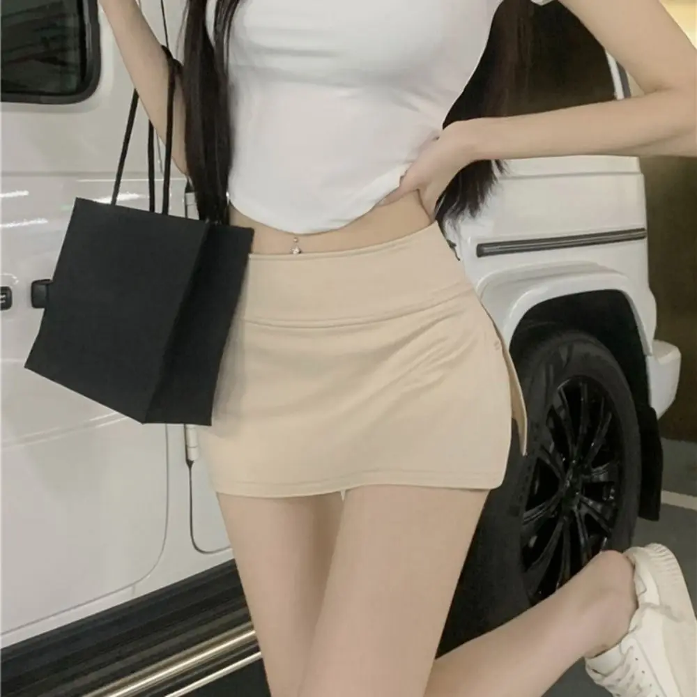 High Waist Women's Skirt Pants Side Slit Solid Color Sports Short Skirt Slim Anti Glare Package Hips Mini Skirt Office