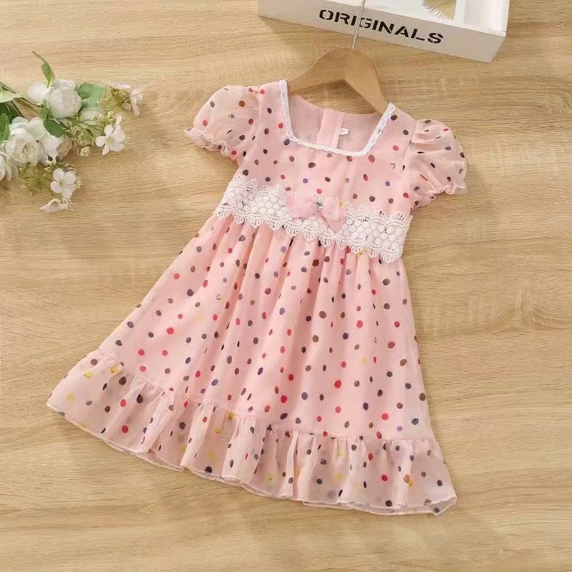 Girls Summer 2024 Pink Bow Round Dot Bubble Sleeves Cute Style Dress