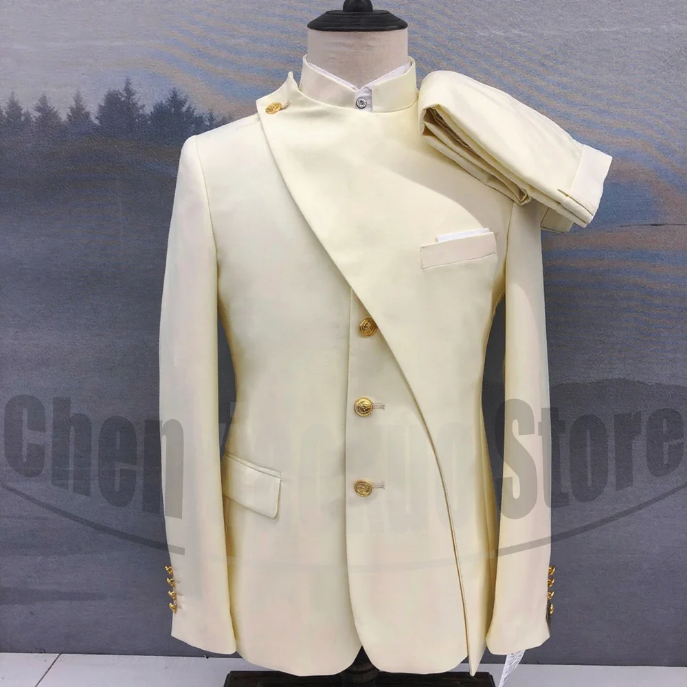 Men Suits 2 Pieces Mandarin Collar Solid Color Outfits Wedding Party Prom Exquisite Asymmetric Design Tailored Male Suit