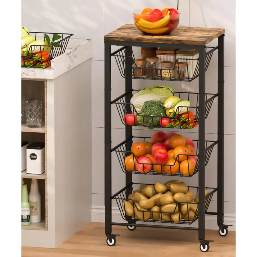 

Vegetable Storage Cart for Kitchen, 5Tier Vegetable Stand Rack with PullOut Fruit Baskets, Rolling Snack Cart with Wood Top amp