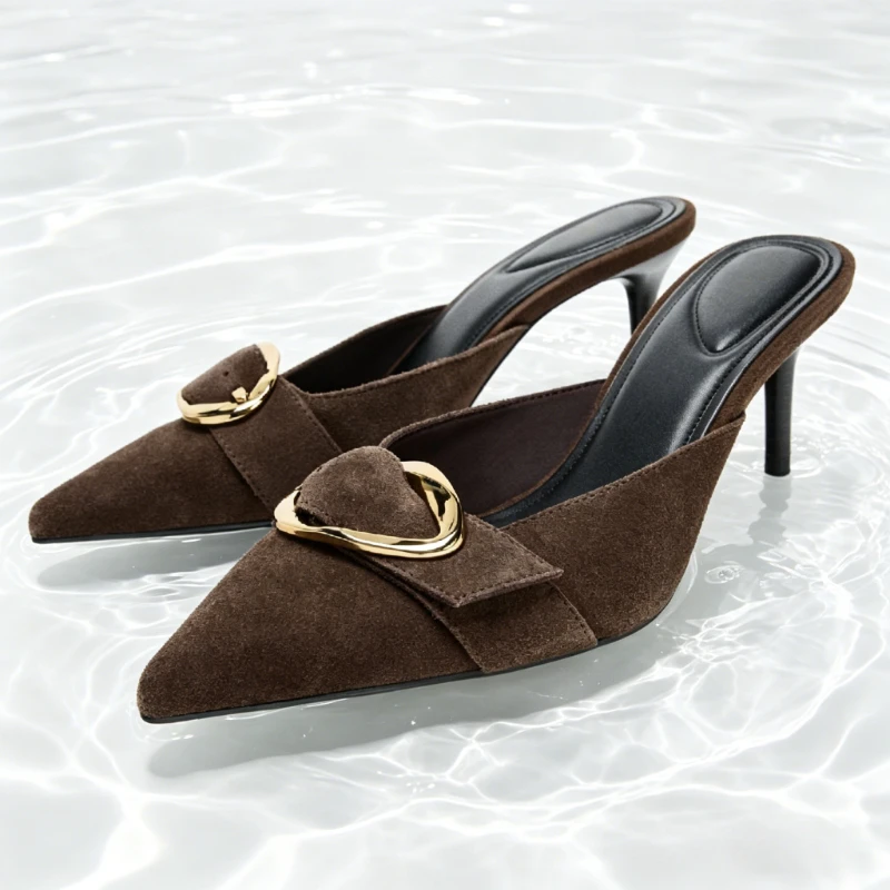Retro Brown Faux Suede Pointed-toe Heeled Sandals Women Luxury Metal Detail Stiletto Slide Sandals Elegant Brand Designer Shoes