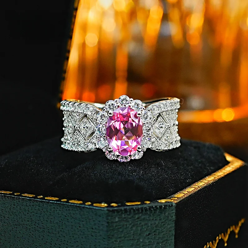 Nieuwe Bloem Kant 925 Zilver Roepie Roze Toermalijn Ring Ingelegd Met High Carbon Diamant Ijs Bloem Snijden Temperament Voor Vrouwen