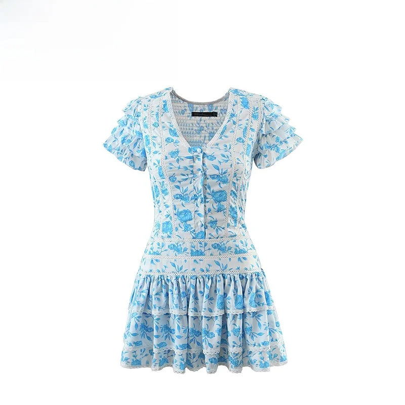 

ZBZA Spring New Faionable Ruffle Splicing Print Elastic Waist Dr Ele ort Sve V-ne Polyester Fiber Summer Dr