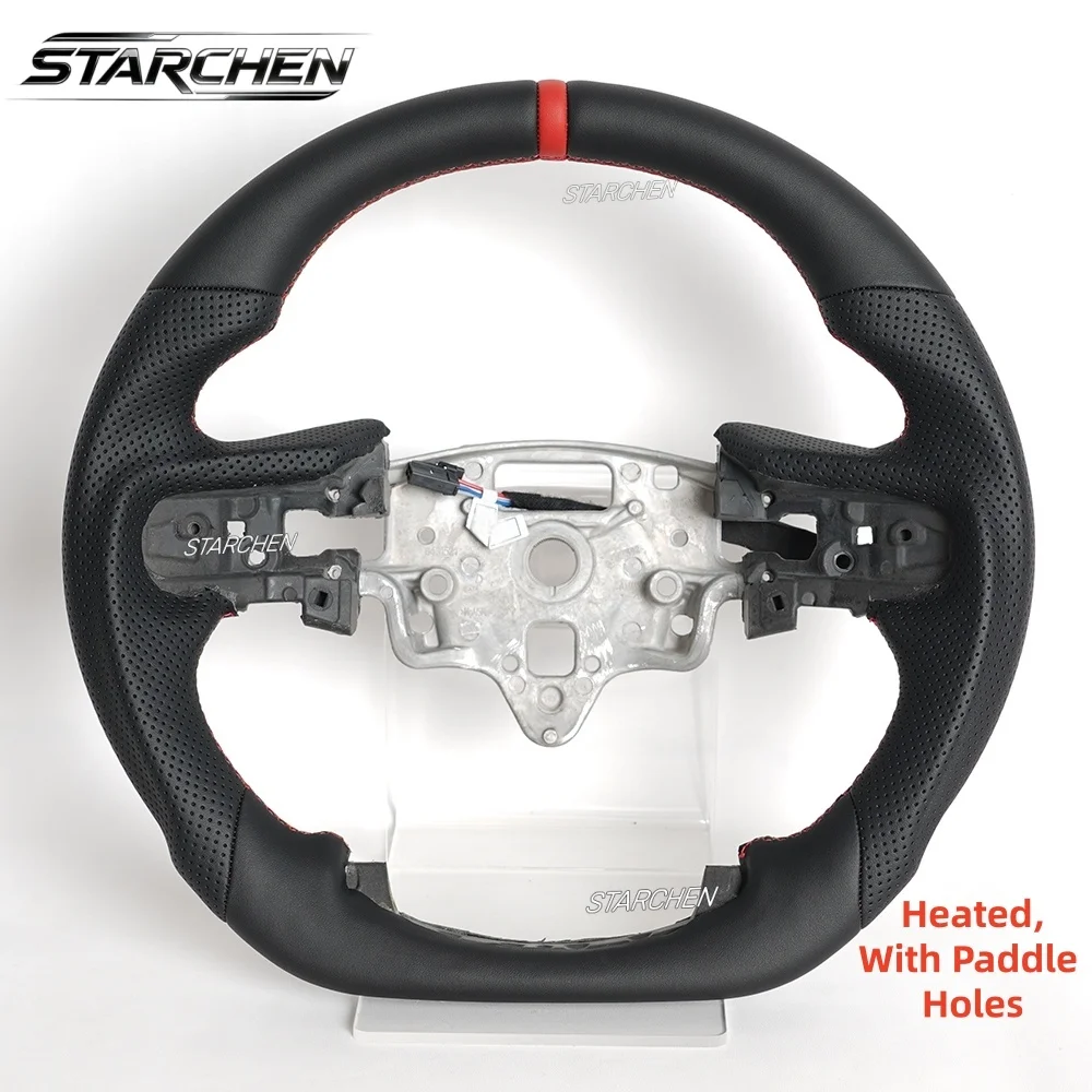 Full Leather Heated Steering Wheel for Chevrolet Silverado 1500 2500 3500 2020-2025 Perforated Leather Grip Red Line (With Paddle Holes, Heated)
