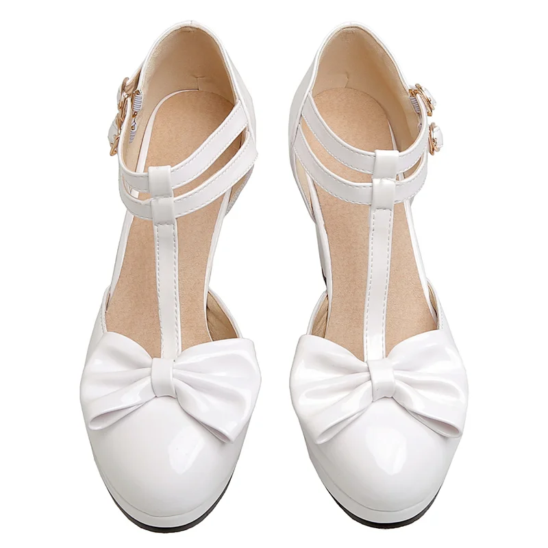 Block High Heels Mary Janes Shoes Women Sandals Sweet Bowtied Yellow Red Pink White Heeled Wedding Shoes Female Pumps Large Size