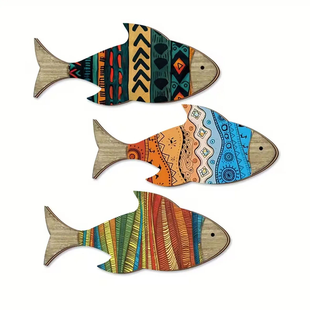3Pcs Tribal Fish Wooden Wall Stickers With Double Sided Nano Tape, Nautical Kids Room Wall Decor Ornament