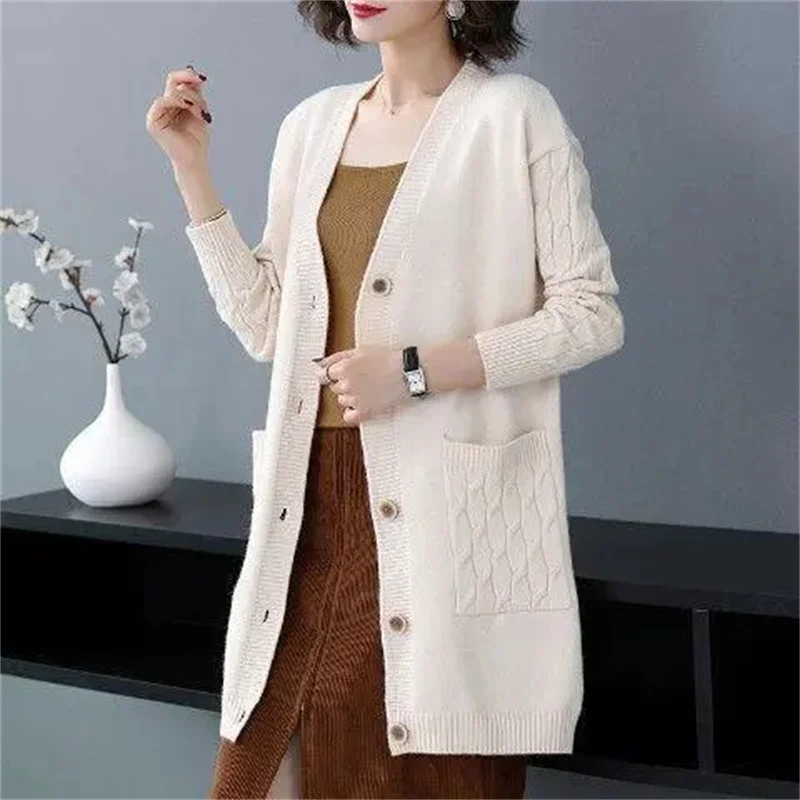 2024 Spring Autumn New knitted Cardigan Jacket Women's Fashion V-neck Slim Pocket Sweater Coat Female Solid Casual Long Overcoat