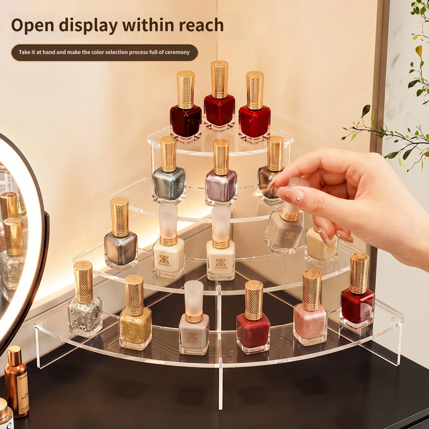 Acrylic Curved Step Nail Polish Display Rack Transparent Tiered Makeup Organizer for Perfume Storage Stand for Nail Salon