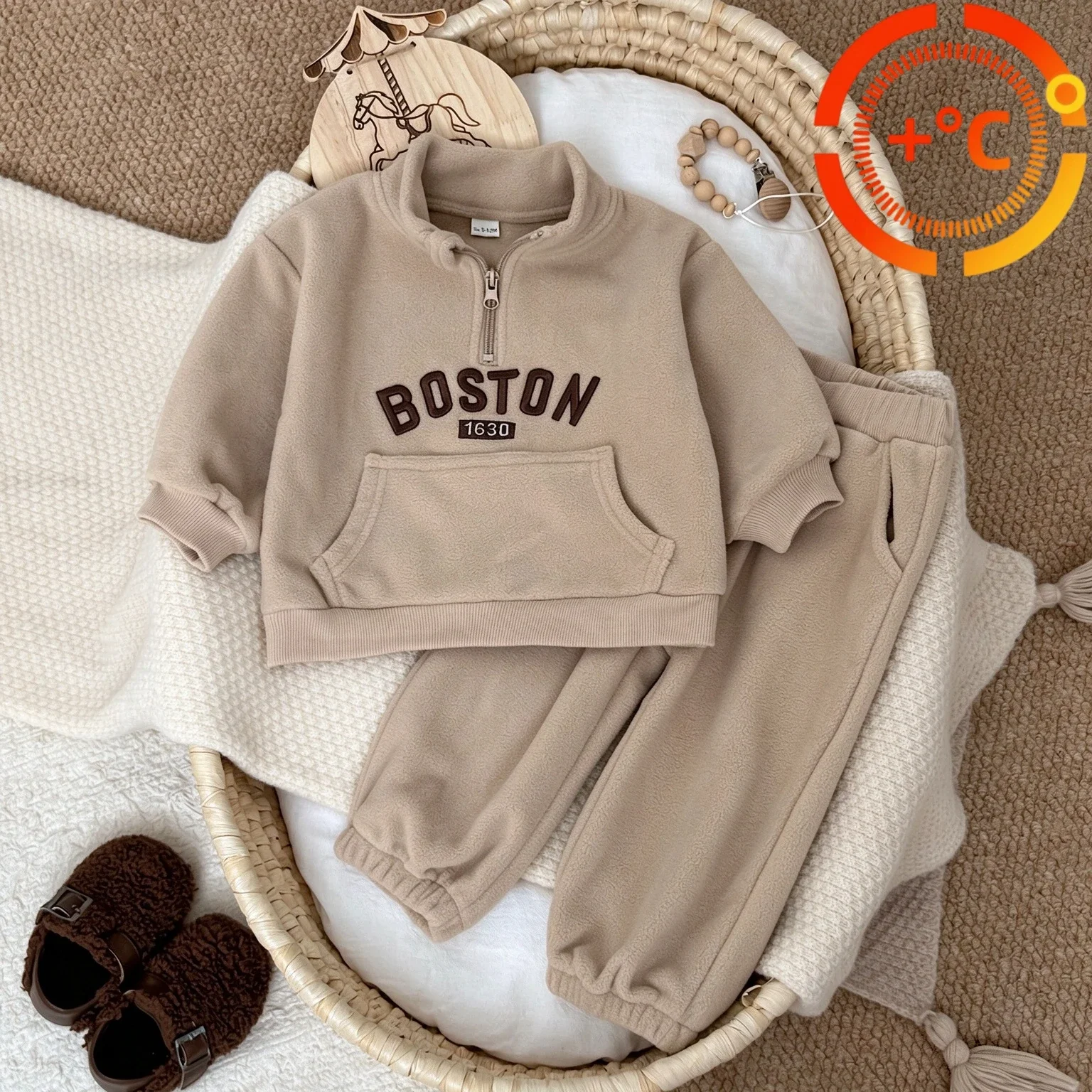 Unisex Toddler Fleece 2Pcs Outfit, Half Zip Sweatshirt + Jogger Pants, Boston Letter Embroidery Warm Autumn Winter Tracksuit