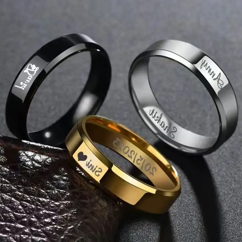 Personalized Engraved Names Stainless Steel Ring 4mm/6mm Smooth Band Customizable Engagement Wedding Jewelry for Couples Lovers