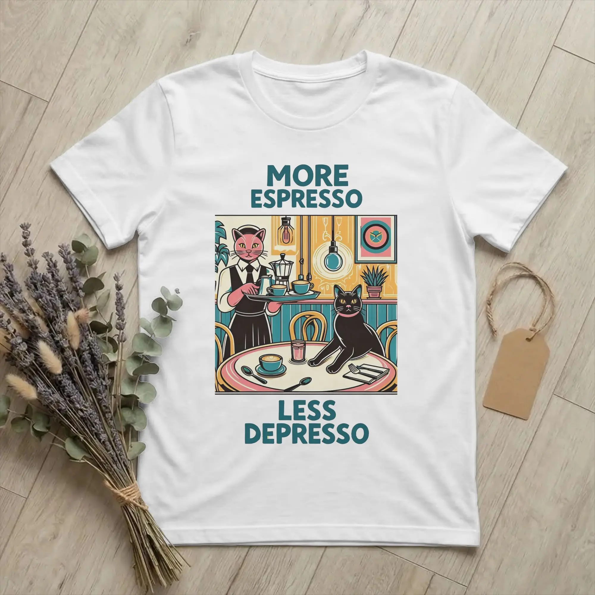 Retro Cafe Cat  More Espresso Less Depresso Caffeine Humor  T-Shirts Men Women  Funny Pure Cotton T Shirts Plus Size Clothing