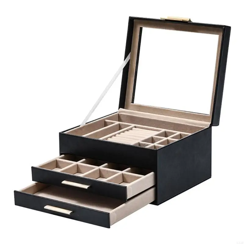 

Three Layer Jewelry Organiser with Clear Top Window PU Leather Exterior Gold Accents Flannel Lining for Necklace