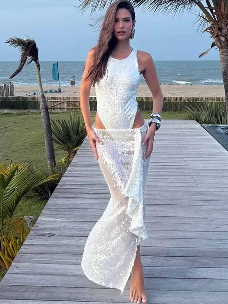 BKQU الترتر مثير انظر من خلال تنورة مجموعات النساء الصيف ملابس الحفلات لامعة أكمام ارتداءها + انقسام التنانير الطويلة الشاطئ 2 قطعة مجموعة