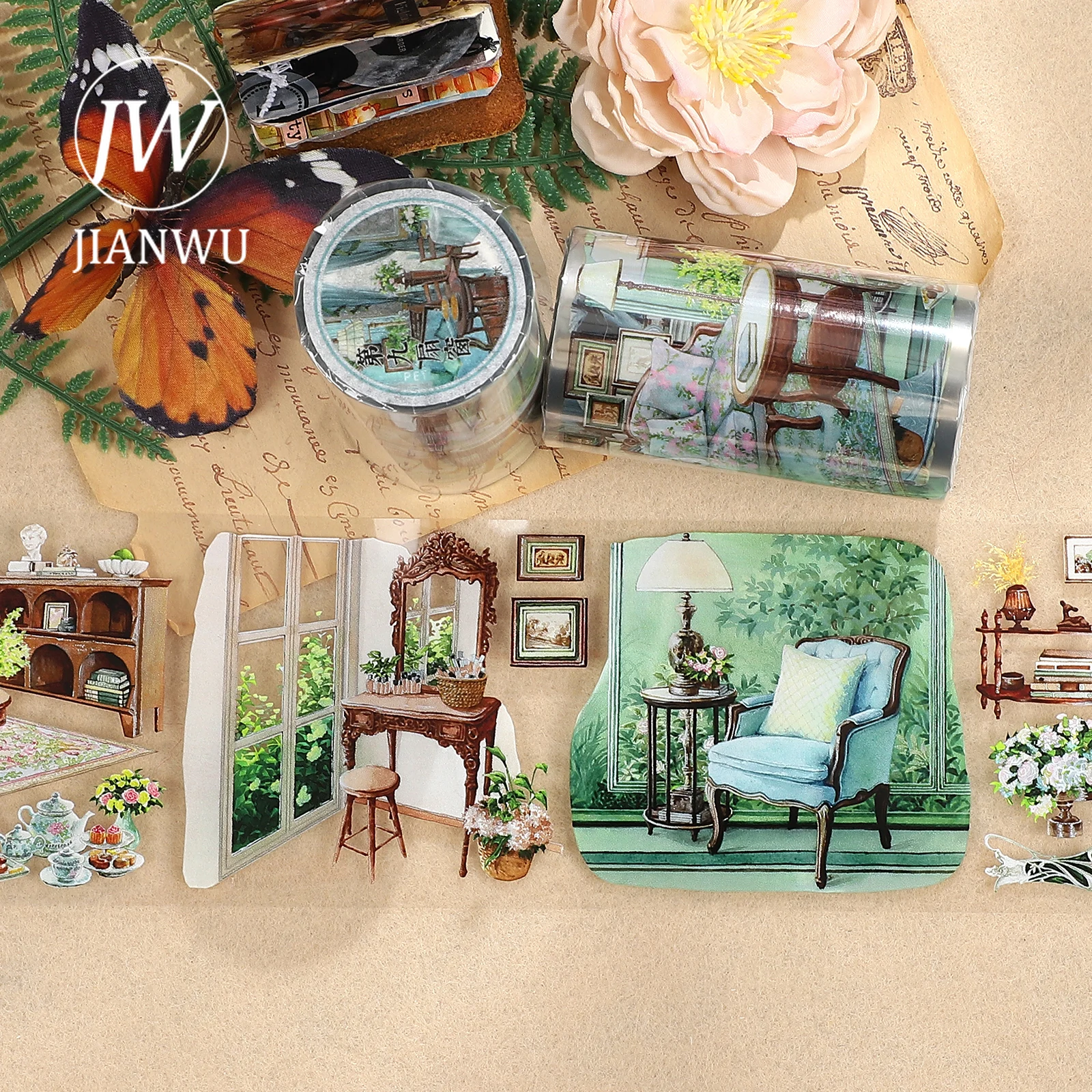 JIANWU 70mm*5m Vintage Plant Life Sofa Window Landscape Material Collage Scrapbooking PET Tape Creative DIY Journal Stationery