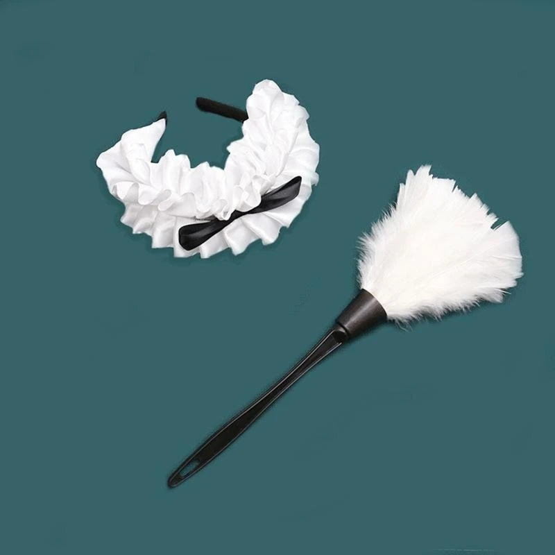 

3Pcs Women's French Maid Costume Feather Duster Cleaning Feather Dust Broom Headband Maid Apron Halloween Fancy Dress