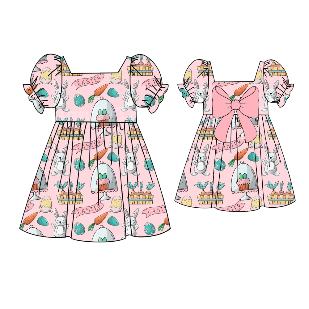 

Летнее платье для девочек, пасхальная коллекция, кроличье пасхальное яйцо и принты моркови с пышными рукавами и розовым бантом, эксклюзивная одежда