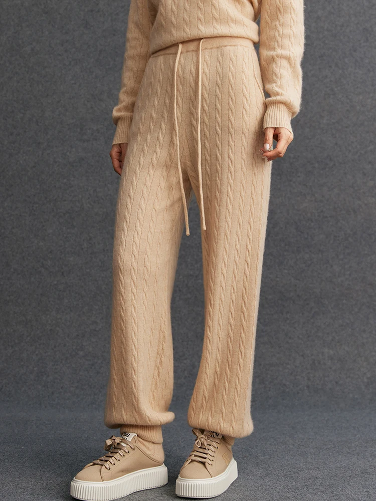 TLOML New Women's 100% Cashmere Knitted Cable Knit Bloomers Pants Autumn Winter Soft Warm Comfy Casual Trousers Cashmere Pants