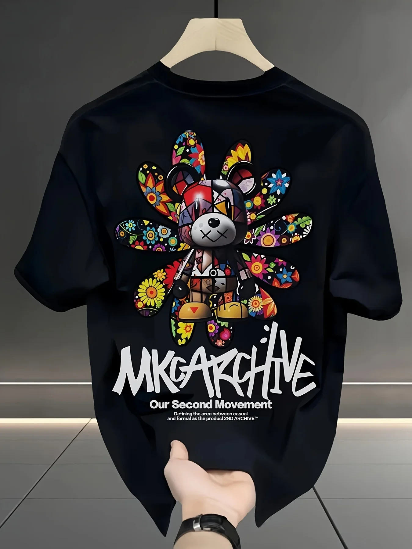 Colorful Sunflower Bear Graffiti Graphic Tee with Bold Lettering 100% Cotton Men's T-shirt Summer Vibrant Casual Statement Top