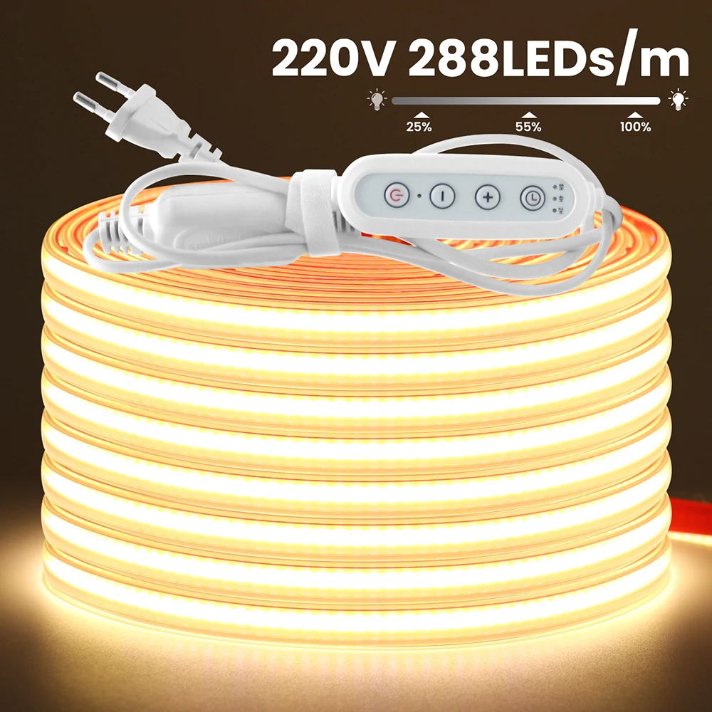 220V Dimmer Switch COB LED Strip Light Flexible Adhesive Tape Dimmable Power EU Plug Kit 288 Led Linear Lighting Clear Tube Lamp