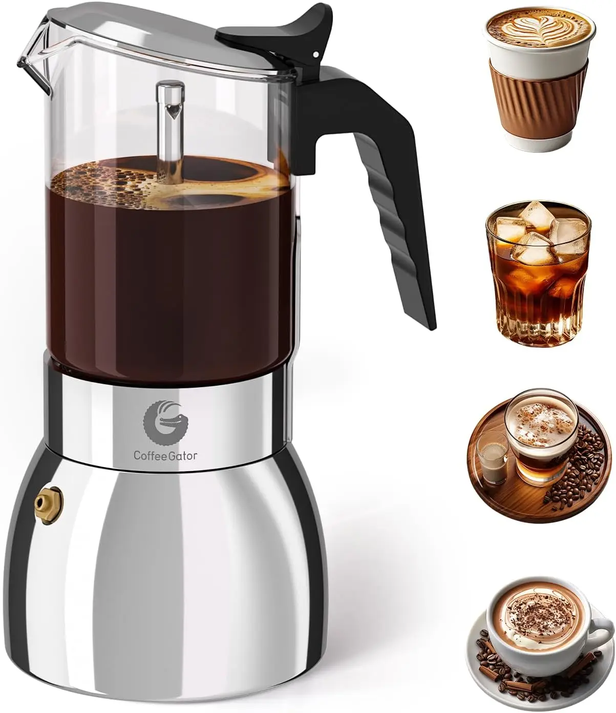 

Кофеварка Moka на 9 чашек, 15 унций, для приготовления итальянского кофе на плите, с прозрачным стеклом и элементами из нержавеющей стали