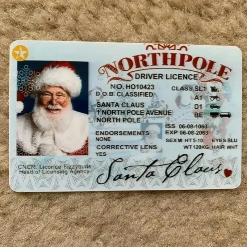 Novelty North Pole Santa Claus Driver License Fake ID Card, Funny Christmas Stocking Stuffer Gift, Xmas Party Table Decor Ornament Holiday Keepsake Card for Kids Family