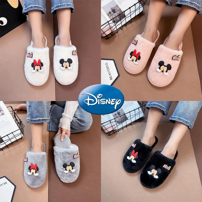 Disney Mickey Minnie Home Slippers Couple Winter Fluffy Furry Women Shoes Cute Cartoon Men Plush Slides Non-slip Floor Slipper