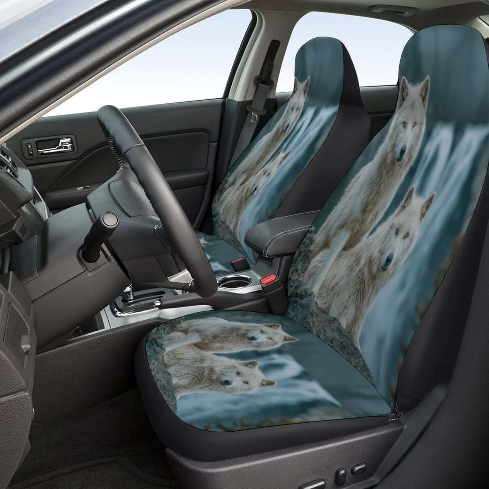 White Wolves Waterfall Designed Car Seat Cover Set For Most Cars, Trendy Novelty High-quality Car Seat Protector Covers Full Set