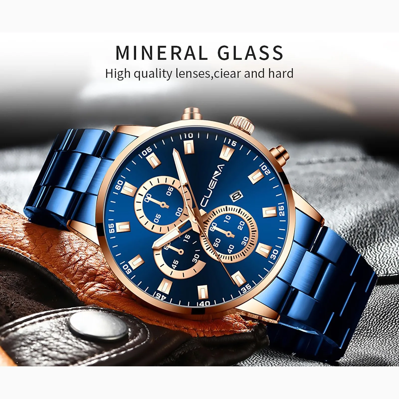 

Cuena Men'S Business Watch Stainless Steel Simulated Date Sports Quartz Watch Alloy Band Three Eyes Men'S Watch Relojes para hom