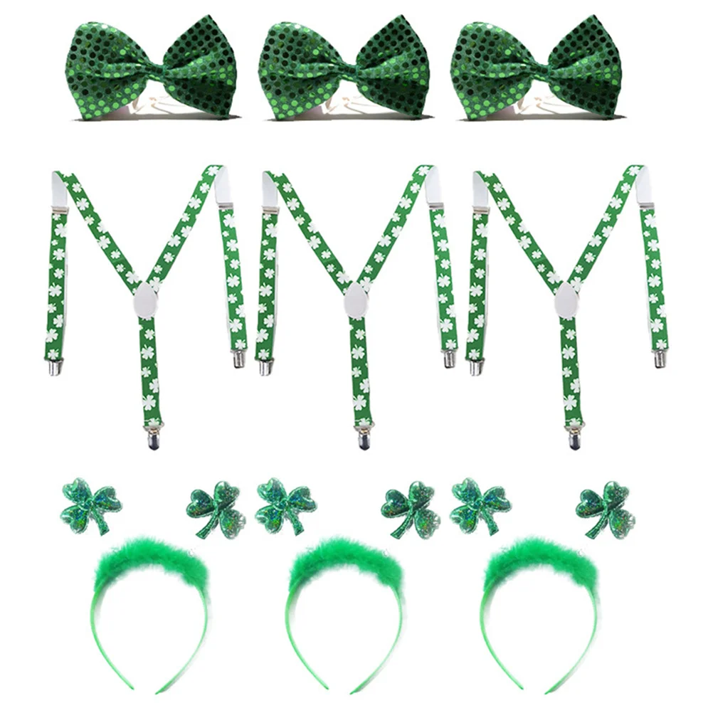 

9Pcs St Patrick's Day Festival Costume Set Suspenders 2.5cm Elastic Party Tie Headdress Party Suspender Accessories