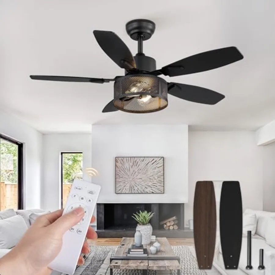 

Farmhouse Ceilg Fans with Lights and Remote, Industrial Caged Ceiling Fans for Living Room Bedroom Kitchen, 6 Speed Reversible