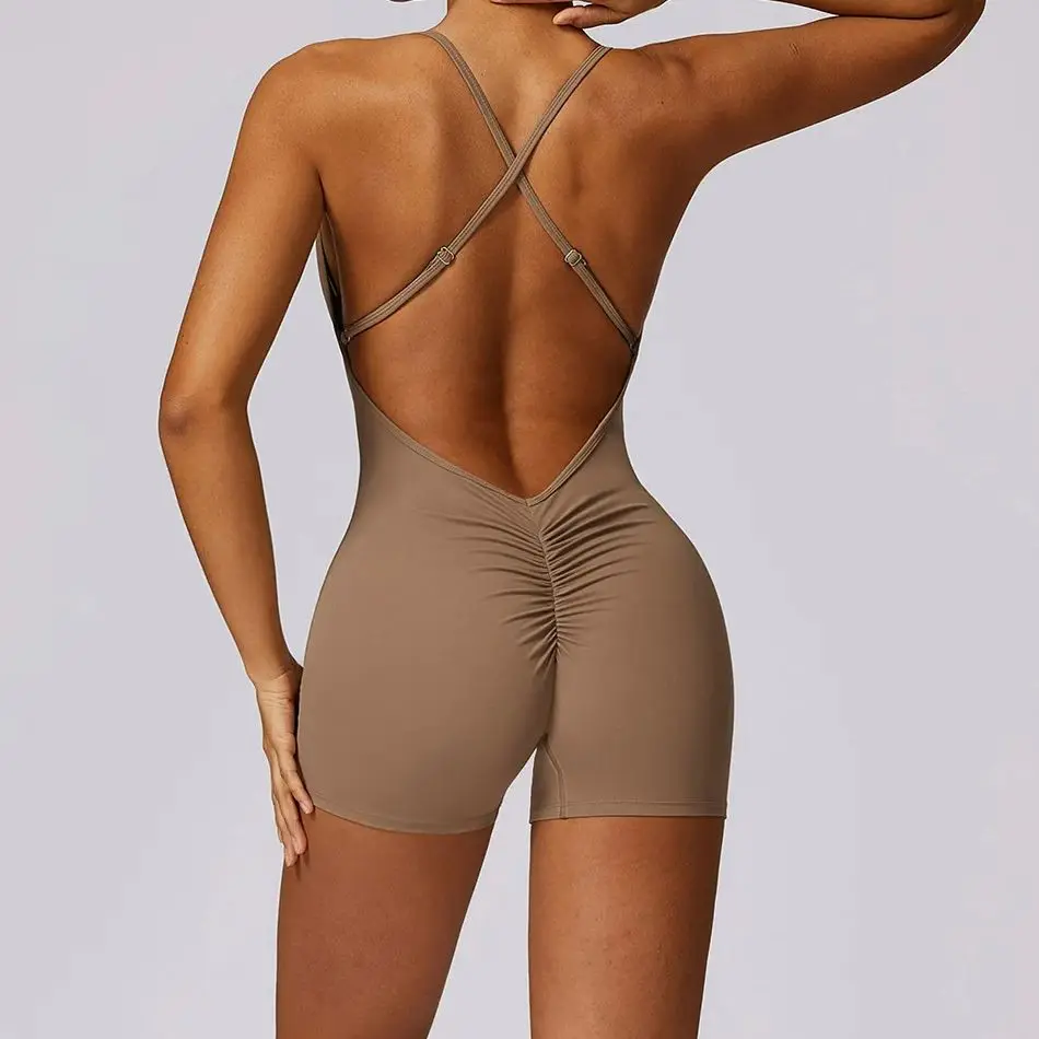 MODITIN Women 2024 Gym Sexy Jumpsuit Hollow Back Pretty Bra Tops Push Up Fitness Shorts One-Piece Yoga Set Hot