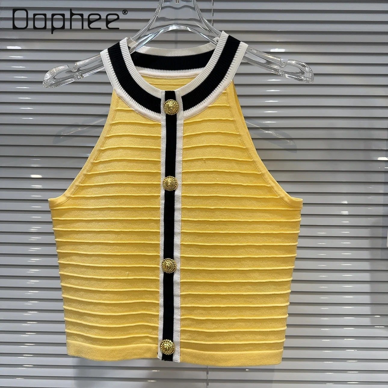 

Socialite Metal Buckle Yellow Halter Vest 2024 Summer New Elegant Off-the-Shoulder Horizontal Pattern Knitted Sling Tops Female