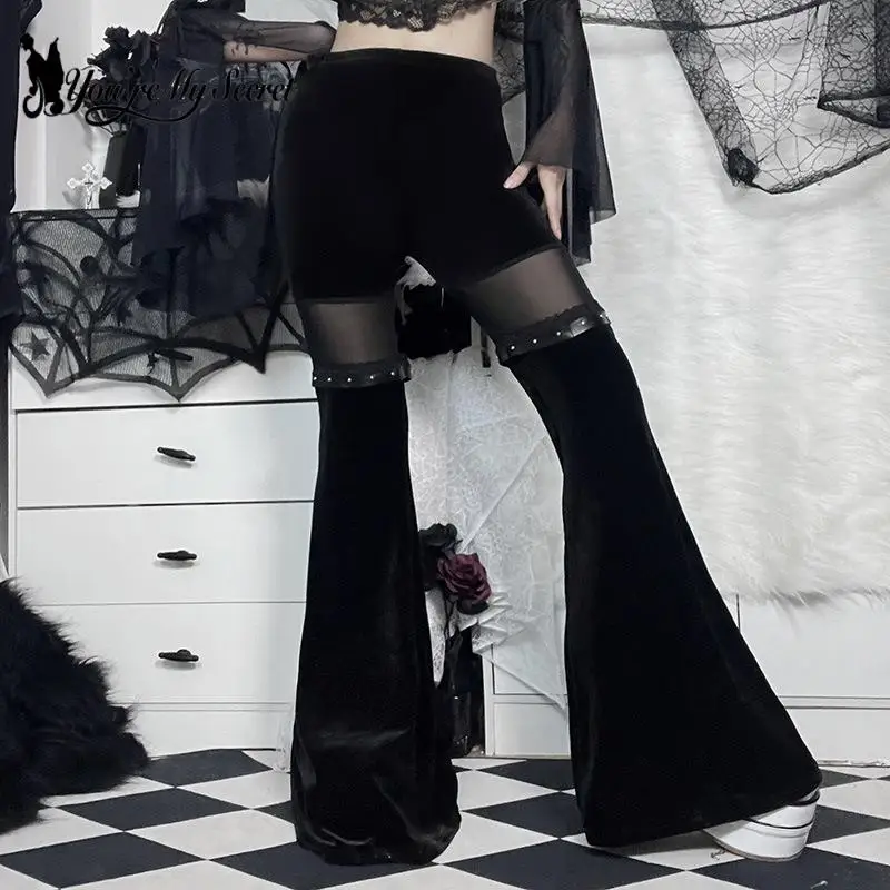 [You\'re My Secret] Vintage Gothic Black Pants for Women Goth Harajuku Hollow Out Lace Patchwork Velvet Flared Pants Bell Bottom