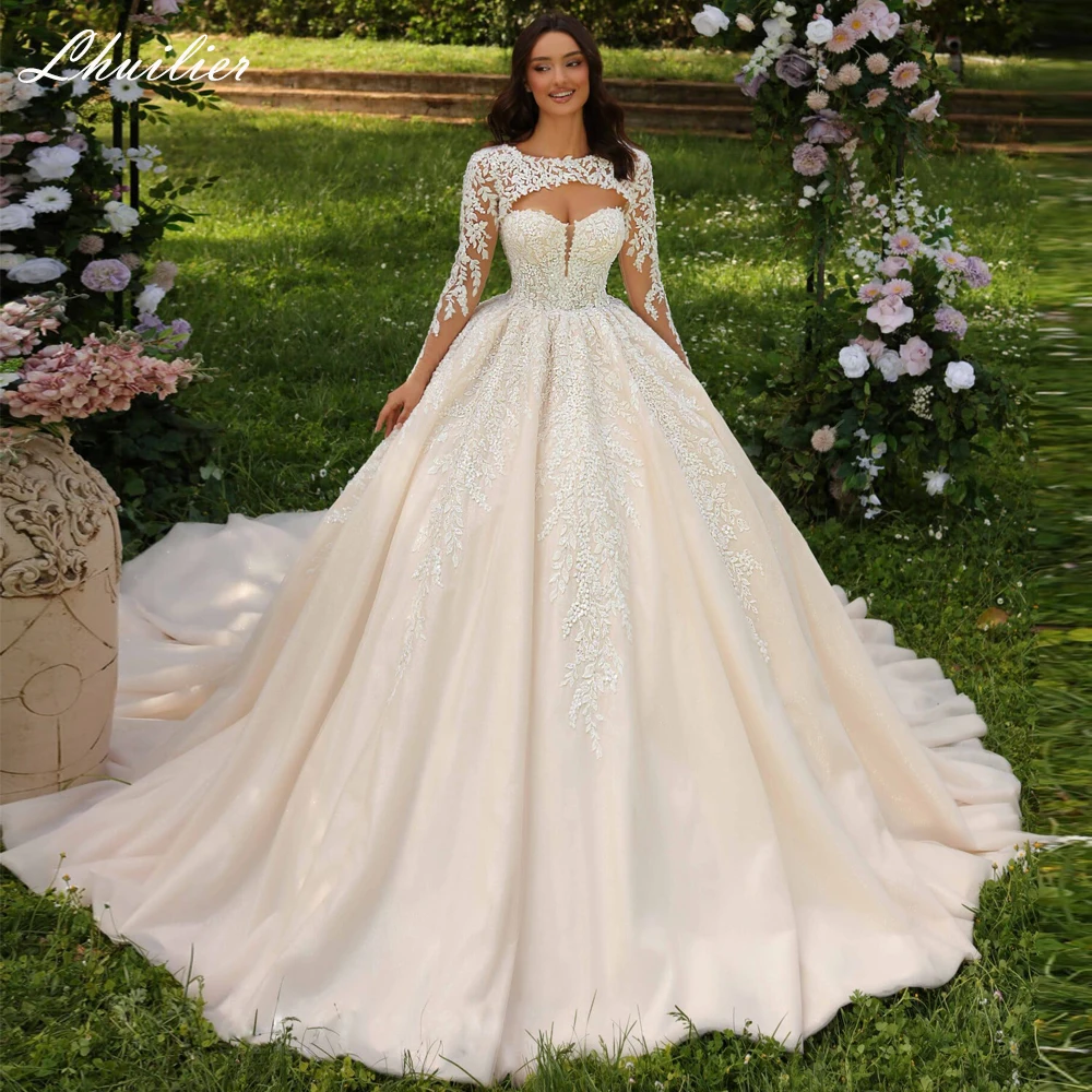 Lhuilier A Line Strapless Lace Appliques Wedding Dresses Floor Length Removable Sleeves Bridal Gowns with Chapel Train