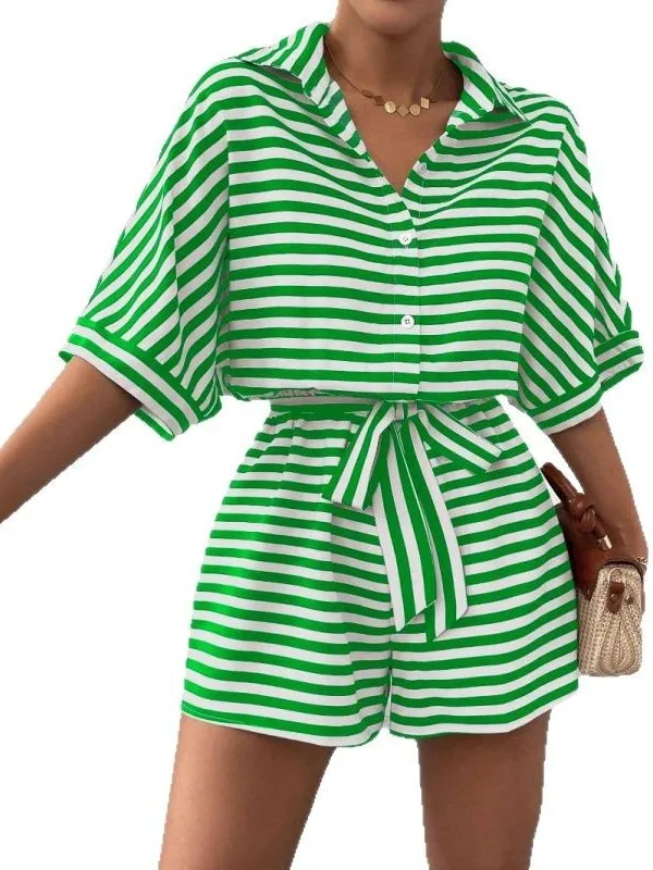 Conjunto de mono a rayas para mujer con cárdigan abierto ort Sve Diseño de cintura baja Tela de poliéster Sle original Corte recto