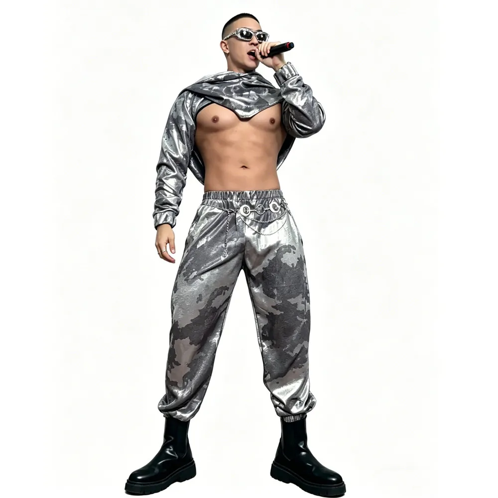 Egyptian Style Male Stage Costume Nightclub DJ Gogo Dancer Personality Performance Clothes Silver 2 Pieces Set Show Rave Outfit