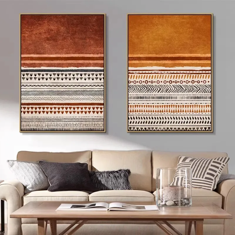 

2pcs Bohemian Ethnic Abstract Geometric Wall Art Set Pop Art Style Poster Canvas Painting for Living Room Hotel Home Decor