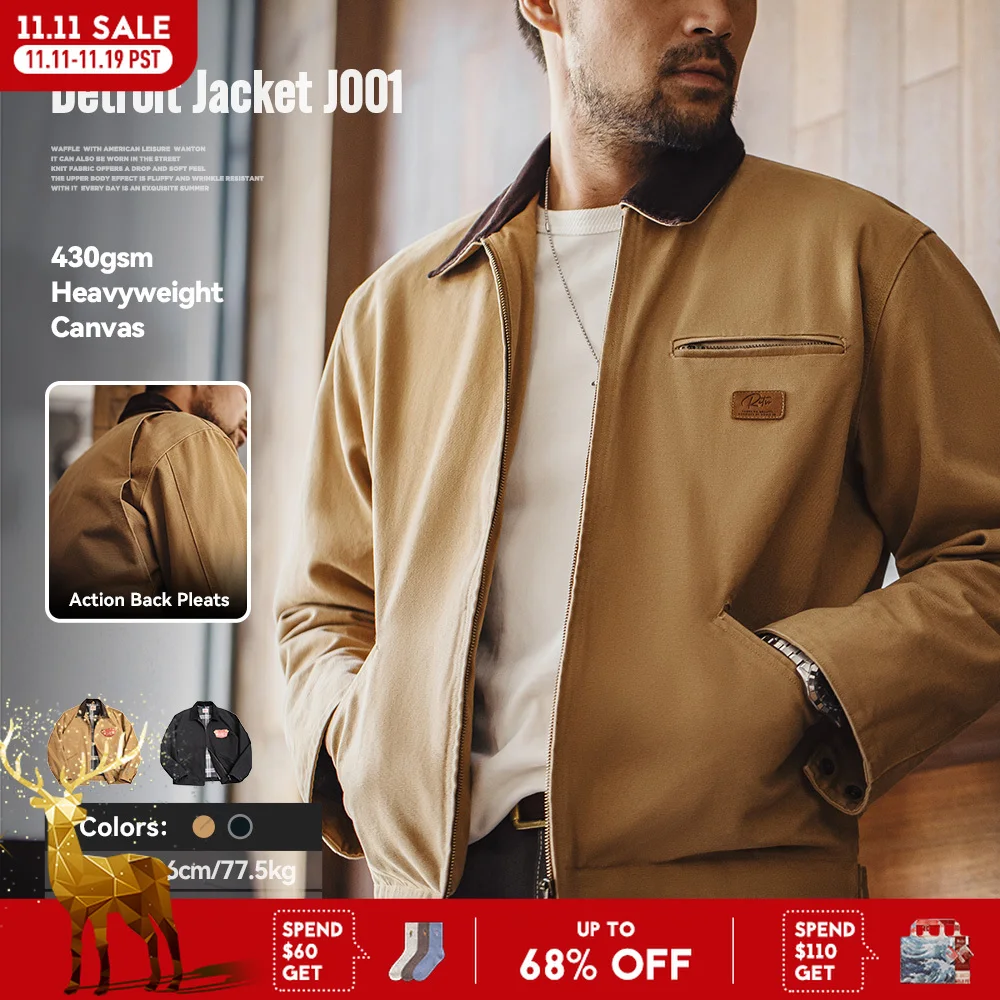 Maden Retro Canvas Detroit Hunting J001 Chaqueta de trabajo con bolsillo pesado Abrigo con cremallera y cuello de solapa para primavera y otoño para hombres